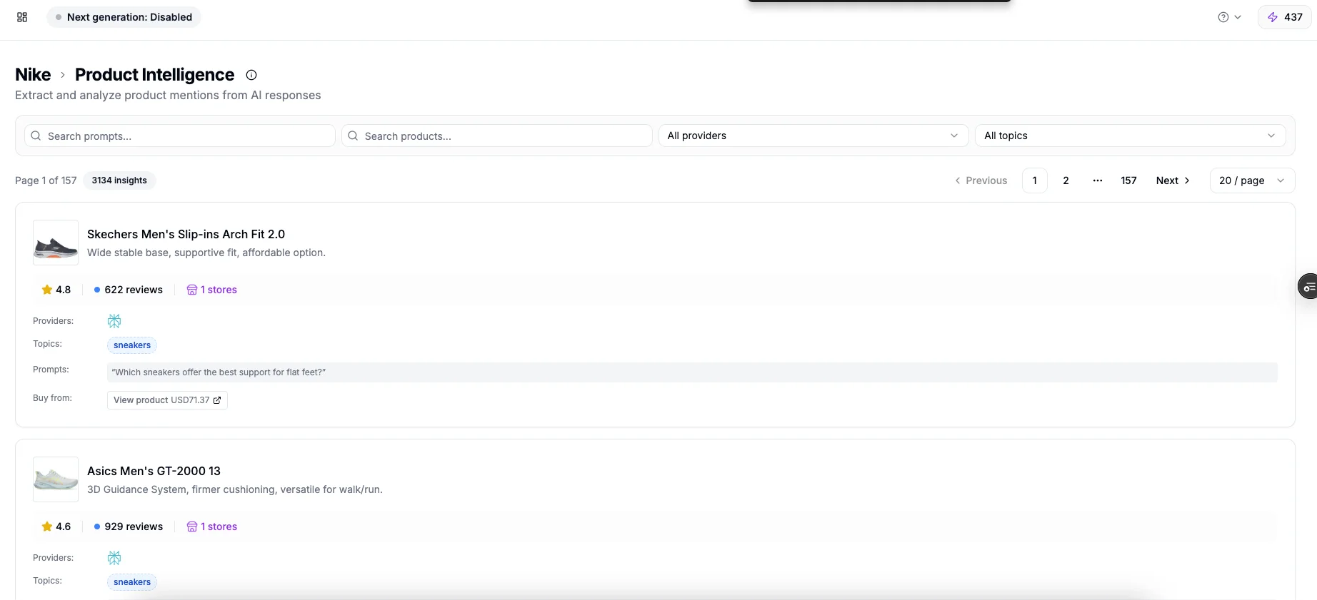 Product Intelligence interface