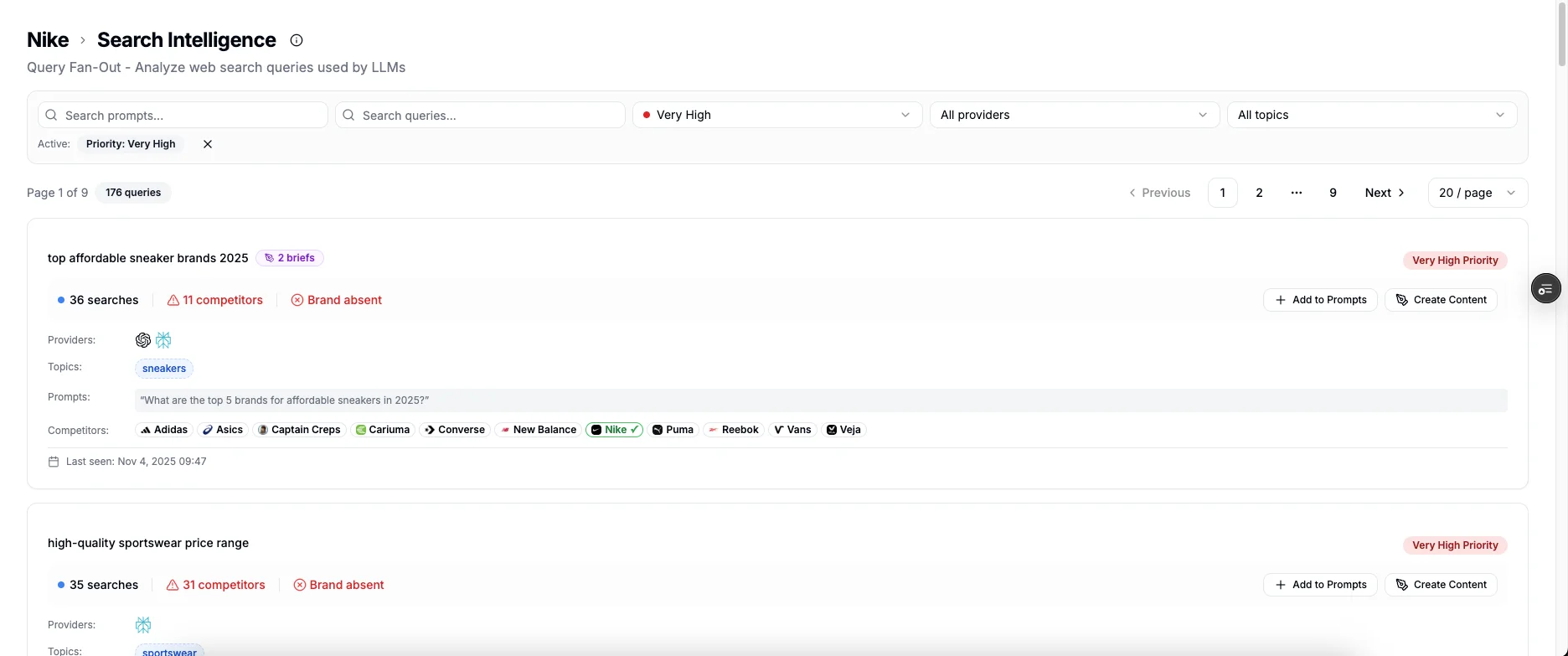 Insights module screenshot showing intelligence & recommendations