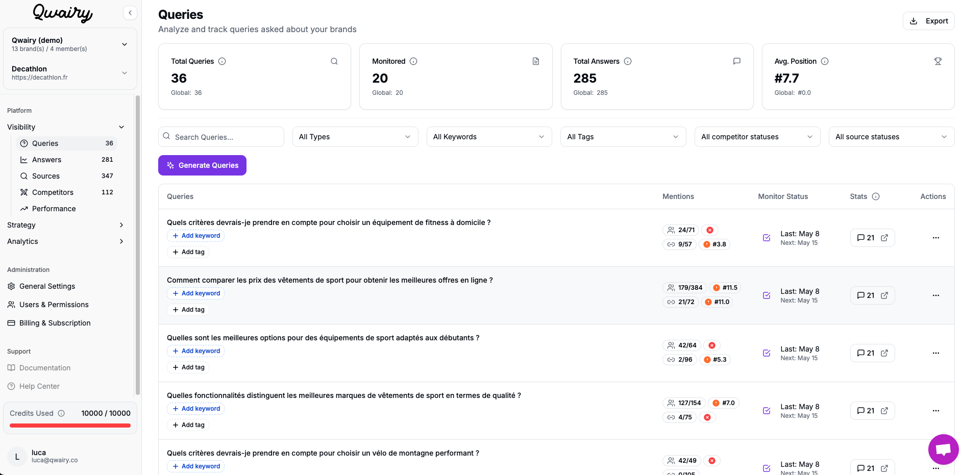 Qwairy Interface (AI search optimisation tool)
