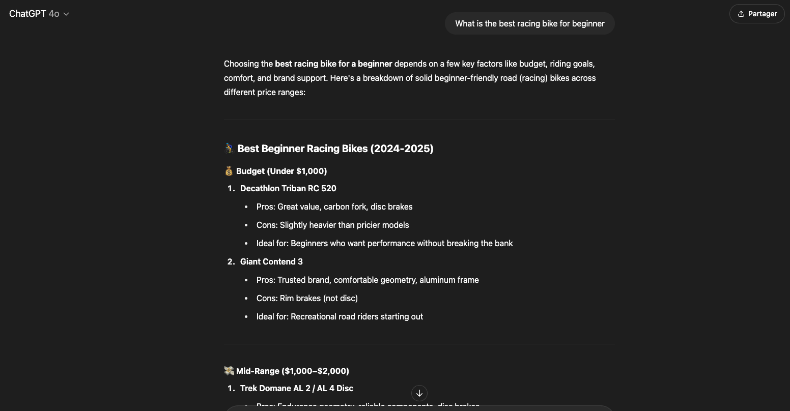Racing bike search on search gpt
