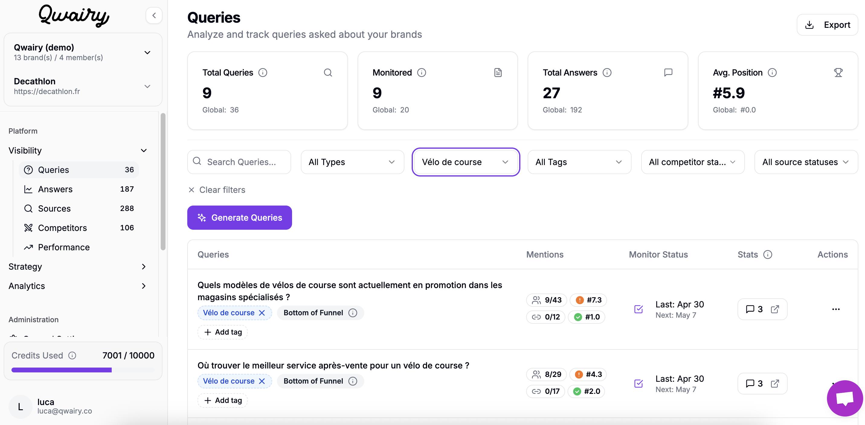 Qwairy dashboard